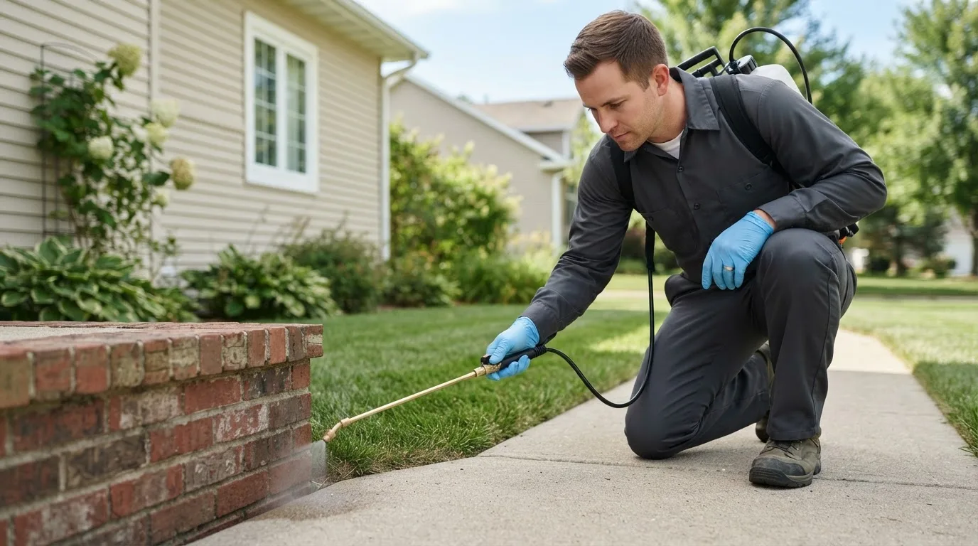 Pest control technician treating a home near Peridot, AZ